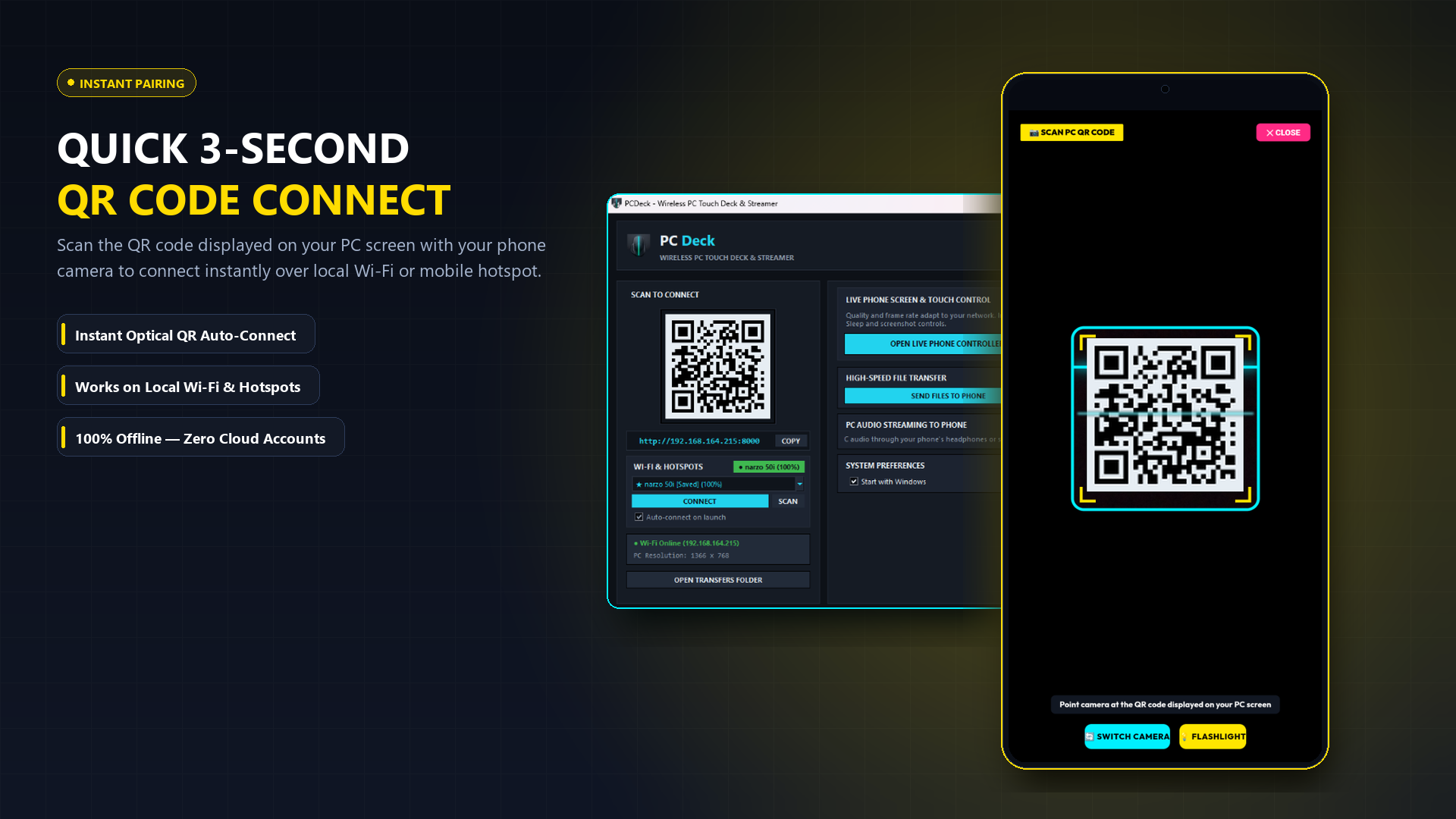 PCDeck QR Code pairing window on Windows desktop